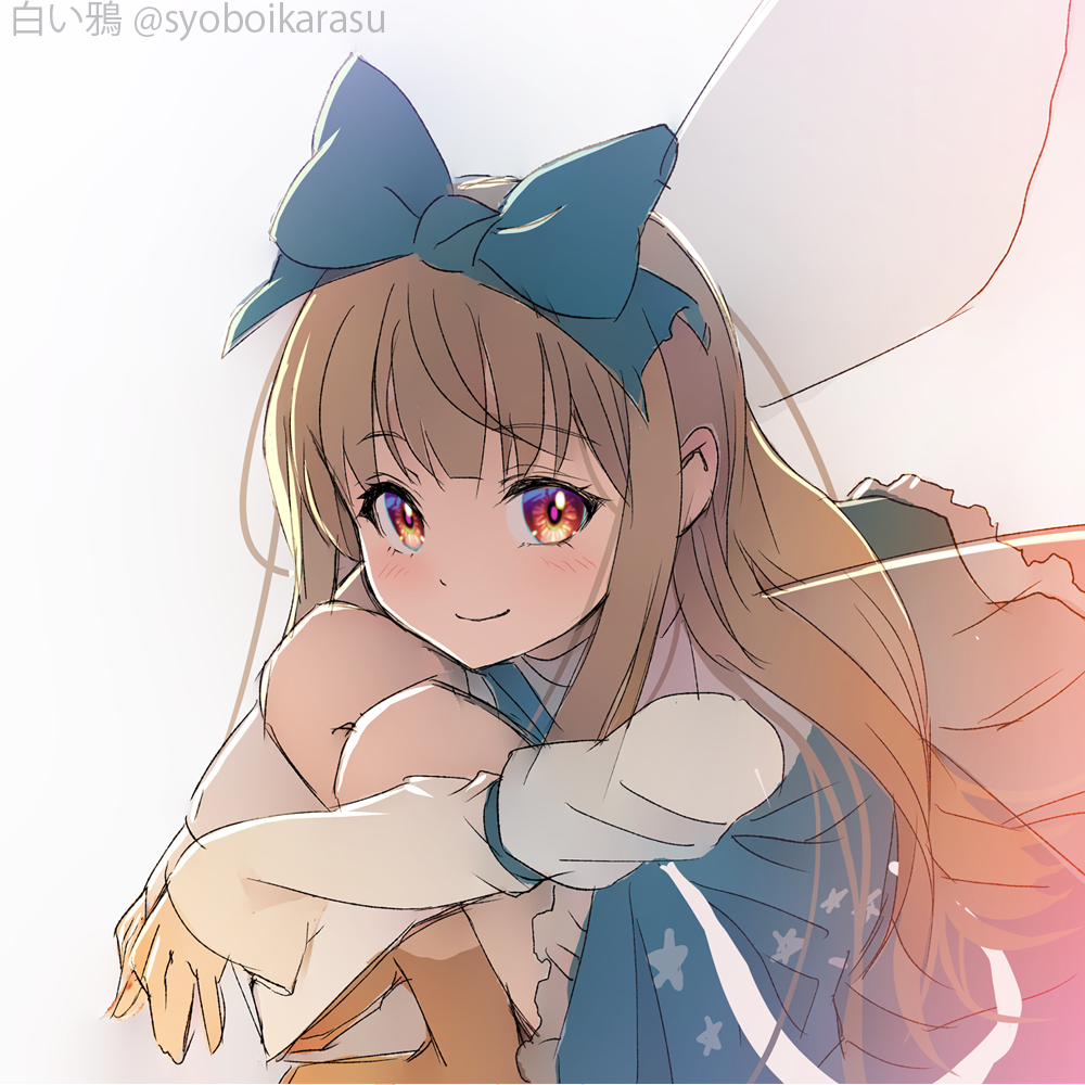 1girl artist_name bangs blue_bow blue_dress blunt_bangs boots bow dress fairy_wings from_above grey_background hair_bow juliet_sleeves knees_to_chest long_hair long_sleeves looking_at_viewer puffy_sleeves shiroi_karasu simple_background sketch smile solo squatting star_(symbol) star_print star_sapphire touhou wings