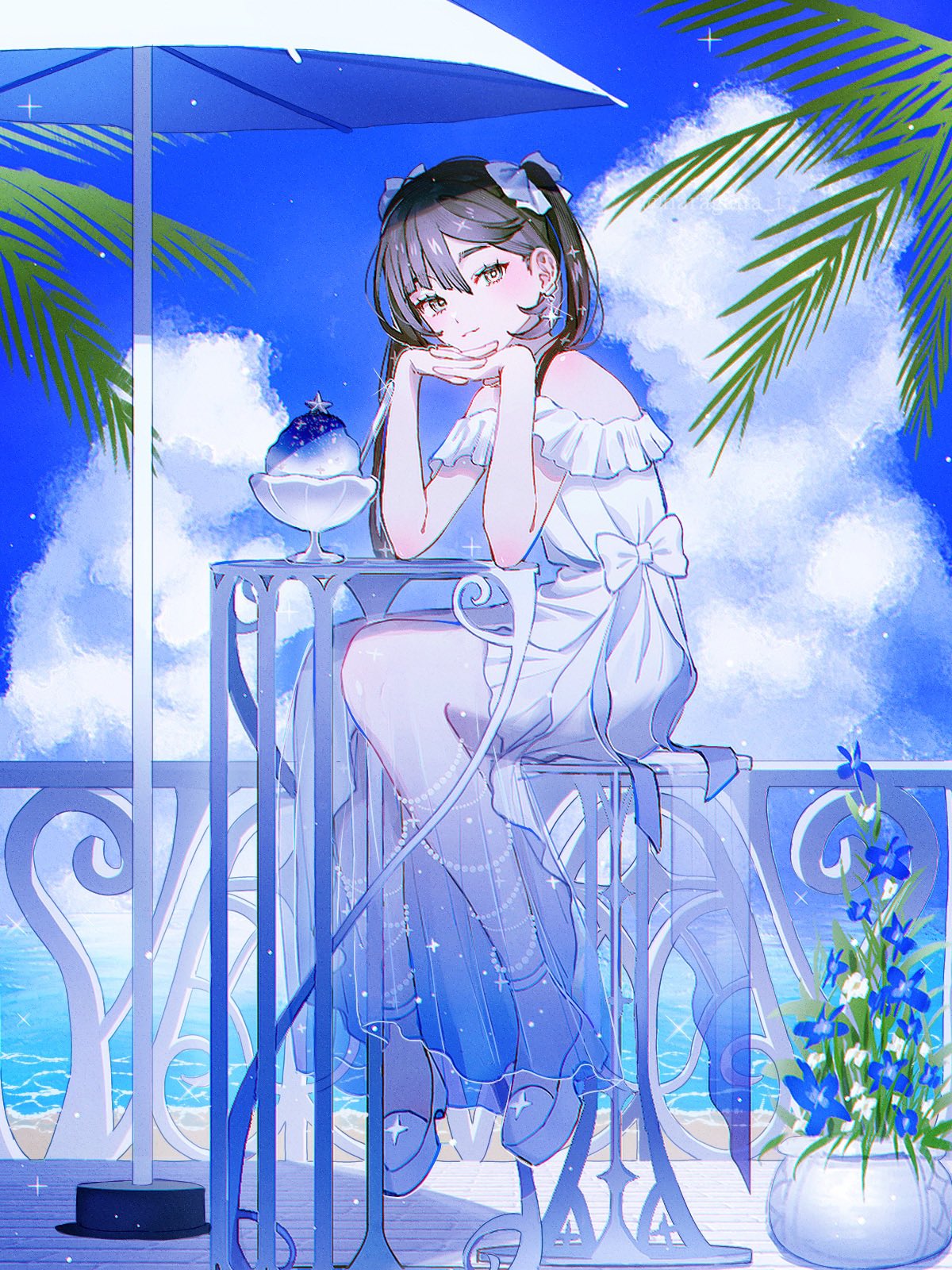 1girl asymmetrical_bangs bangs bare_shoulders black_hair blue_eyes blue_flower blue_sky blue_theme bright_pupils closed_mouth clouds cloudy_sky commentary day dress flower full_body genshin_impact haragaita_i head_rest highres long_hair looking_at_viewer mona_(genshin_impact) ocean off-shoulder_dress off_shoulder outdoors railing shaved_ice sitting sky smile solo sparkle star_(symbol) stool symbol-only_commentary twintails umbrella white_dress white_footwear white_umbrella