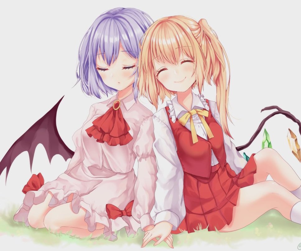 2girls ascot bat_wings blonde_hair brooch closed_eyes crystal dress feet_out_of_frame flandre_scarlet grey_background happy jewelry long_sleeves multiple_girls no_headwear one_side_up pink_dress red_ascot red_skirt red_vest remilia_scarlet ribbon shiromoru_(yozakura_rety) siblings simple_background sisters sitting skirt skirt_set sleeping smile touhou vest wariza wings yellow_ribbon