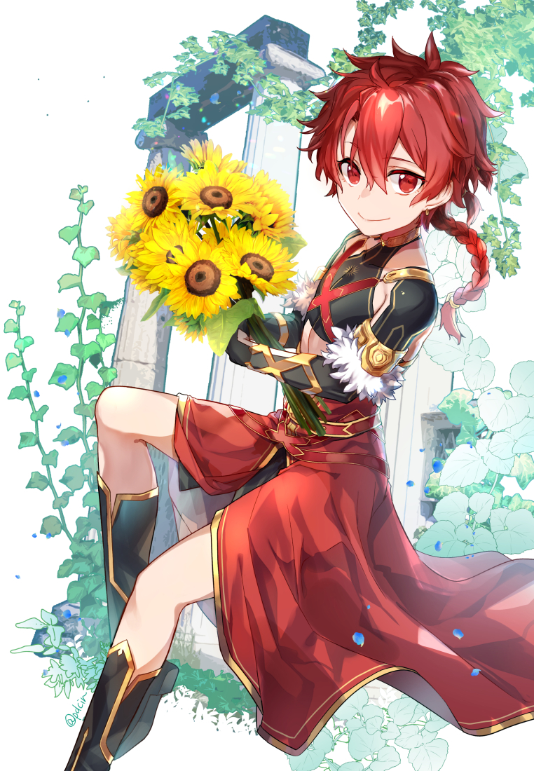 1boy alexander_(fate) armlet bangs belt black_footwear black_gloves black_shirt boots bouquet bracer braid closed_mouth column commentary_request crop_top earrings elbow_gloves falling_petals fate/grand_order fate_(series) floating_hair flower from_side fur-trimmed_gloves fur_trim gloves gold_trim hair_between_eyes hand_up holding holding_bouquet hoop_earrings jewelry kawasemi_(pocorit) knee_boots leaf long_hair looking_at_viewer male_focus petals pillar plant red_belt red_eyes redhead shiny shiny_hair shirt single_braid sleeveless sleeveless_shirt smile solo sunflower vines waist_cape white_background wind