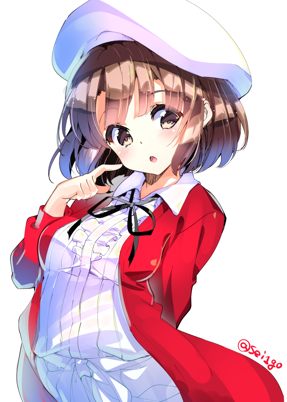 1girl :o arm_behind_back beret blush brown_eyes brown_hair clip_studio_paint_(medium) comiket_90 finger_to_cheek fujishima-sei_ichi-gou hat highres katou_megumi looking_at_viewer neck_ribbon ribbon saenai_heroine_no_sodatekata shiny shiny_hair short_hair simple_background solo twitter_username upper_body white_background