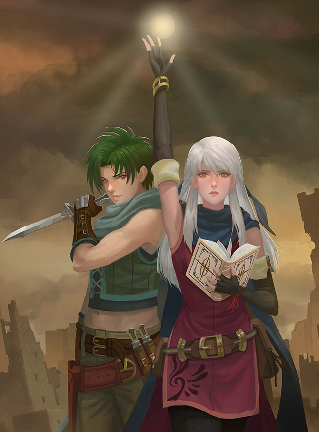 1boy 1girl arm_up armpits bangs bare_shoulders belt black_gloves black_pantyhose blue_scarf book bracelet dagger dress elbow_gloves fingerless_gloves fire_emblem fire_emblem:_radiant_dawn gloves green_eyes grey_hair hair_ribbon half_updo holding holding_book holding_dagger holding_weapon jewelry knife light_rays long_hair looking_at_viewer micaiah_(fire_emblem) midriff pantyhose ribbon scarf serious short_dress side_slit sleeveless sleeveless_dress sothe_(fire_emblem) weapon yagaminoue yellow_eyes