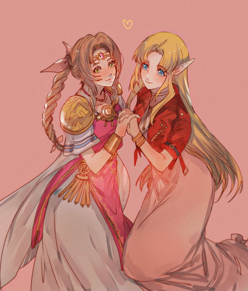 2girls aerith_gainsborough armor bangle bangs bead_necklace beads blonde_hair blue_eyes blush bracelet bracer braid braided_ponytail breasts brown_hair cape choker circlet cosplay costume_switch cropped_jacket crossover dress feet_out_of_frame final_fantasy final_fantasy_vii final_fantasy_vii_remake flower_choker green_eyes hair_ribbon heart holding_hands jacket jewelry long_dress long_hair looking_at_viewer medium_breasts multiple_girls necklace parted_bangs pink_background pink_dress pink_ribbon pointy_ears princess_zelda red_jacket ribbon sera_(serappi) short_sleeves shoulder_armor sidelocks the_legend_of_zelda the_legend_of_zelda:_a_link_between_worlds wavy_hair white_cape white_dress