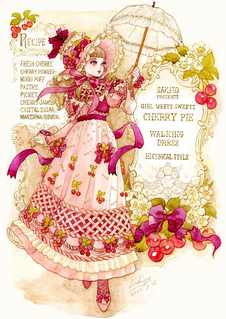 1girl bangs blonde_hair blunt_bangs bonnet boots bow cherry cherry_blossoms cherry_pie dress english_text flower food food-themed_clothes fruit fruit_hat_ornament full_body grey_eyes holding holding_umbrella juliet_sleeves lipstick long_dress long_hair long_sleeves looking_to_the_side makeup original parasol parted_lips pink_dress pink_footwear pink_headwear puffy_sleeves purple_bow recipe sakizou signature sleeves_past_wrists solo umbrella white_background white_flower