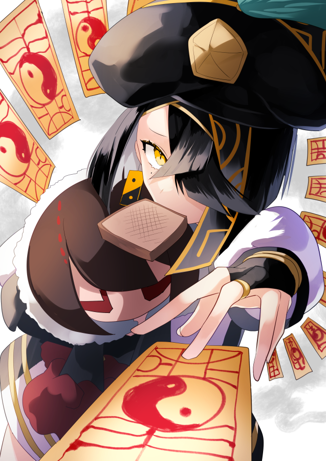 1girl black_hair brown_eyes character_doll dutch_angle fate/grand_order fate_(series) fingerless_gloves food food_in_mouth foreshortening from_above gloves hair_over_one_eye hat jewelry mole mole_under_eye mouth_hold ofuda ring solo toast toast_in_mouth ugetsu_(chimere/marie) xu_fu_(fate) yu_mei-ren_(fate)