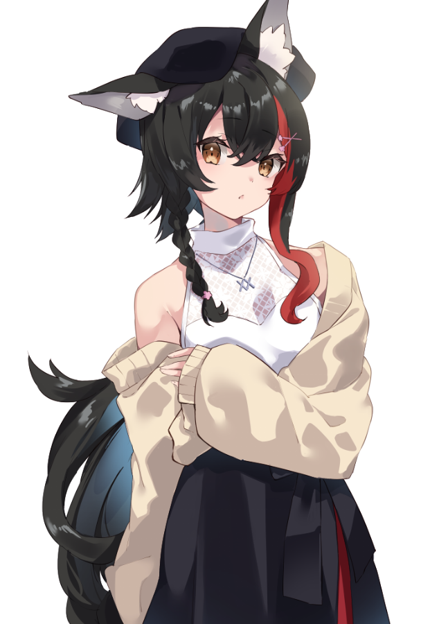 1girl animal_ear_fluff animal_ears bangs black_bow black_hair black_skirt bow braid brown_jacket cowboy_shot fishnet_top fishnets hair_between_eyes hair_ornament hairclip hololive jacket jewelry long_hair long_skirt long_sleeves low-tied_long_hair multicolored_hair necklace off_shoulder ookami_mio parted_lips puffy_long_sleeves puffy_sleeves redhead shirt side_braid sidelocks simple_background single_braid skirt sleeveless sleeveless_shirt solo streaked_hair tsushi very_long_hair virtual_youtuber white_background white_shirt wolf_ears wolf_girl x_hair_ornament yellow_eyes