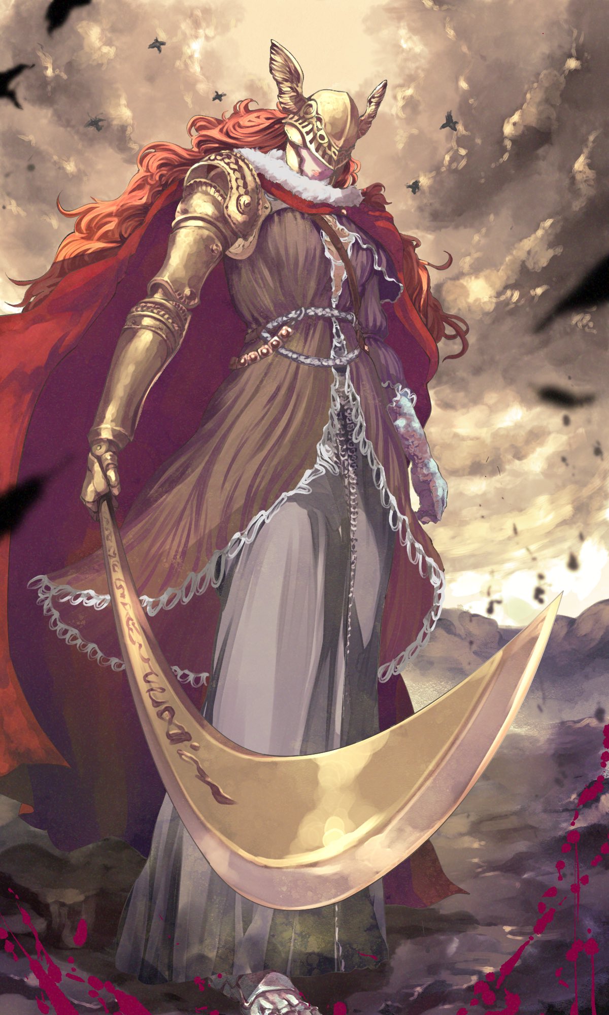 1girl armor cape closed_mouth covered_eyes dress elden_ring gold_armor helmet highres holding holding_sword holding_weapon long_hair malenia_blade_of_miquella mechanical_arms prosthesis prosthetic_arm red_cape redhead simple_background single_mechanical_arm solo sword taka.yana very_long_hair weapon winged_helmet