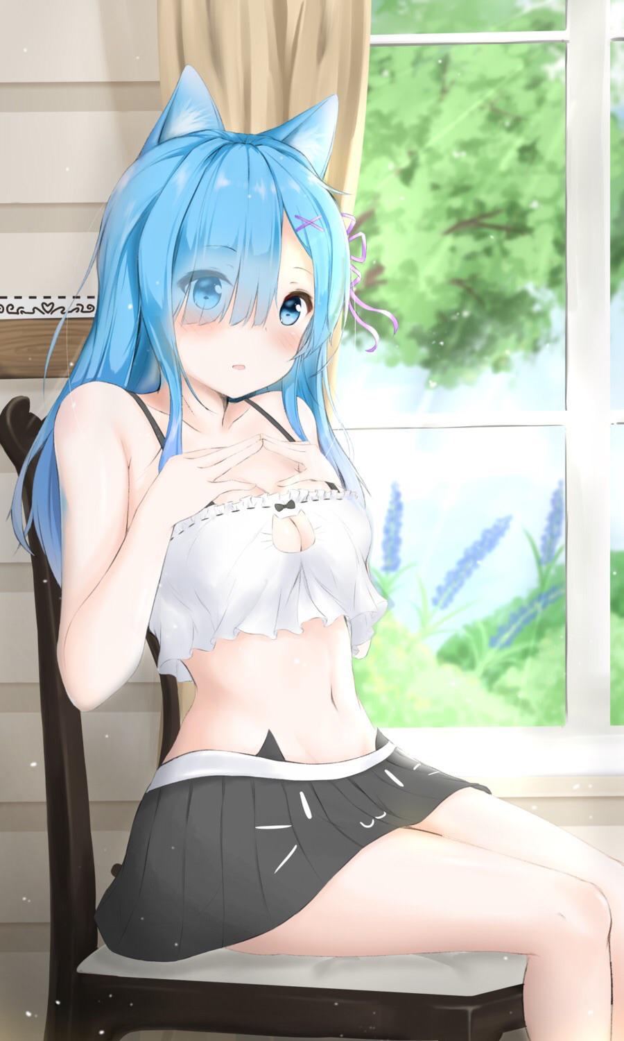 bare_shoulders bikini_top blue_hair breasts cat_ears cat_girl chair cleavage girl hair_over_one_eye hairclip hand_on_own_chest legs_together long_hair looking_at_viewer midriff open_mouth rem_(re:zero) ribbon room short_dress shoulder_strap sitting skirt surprised window