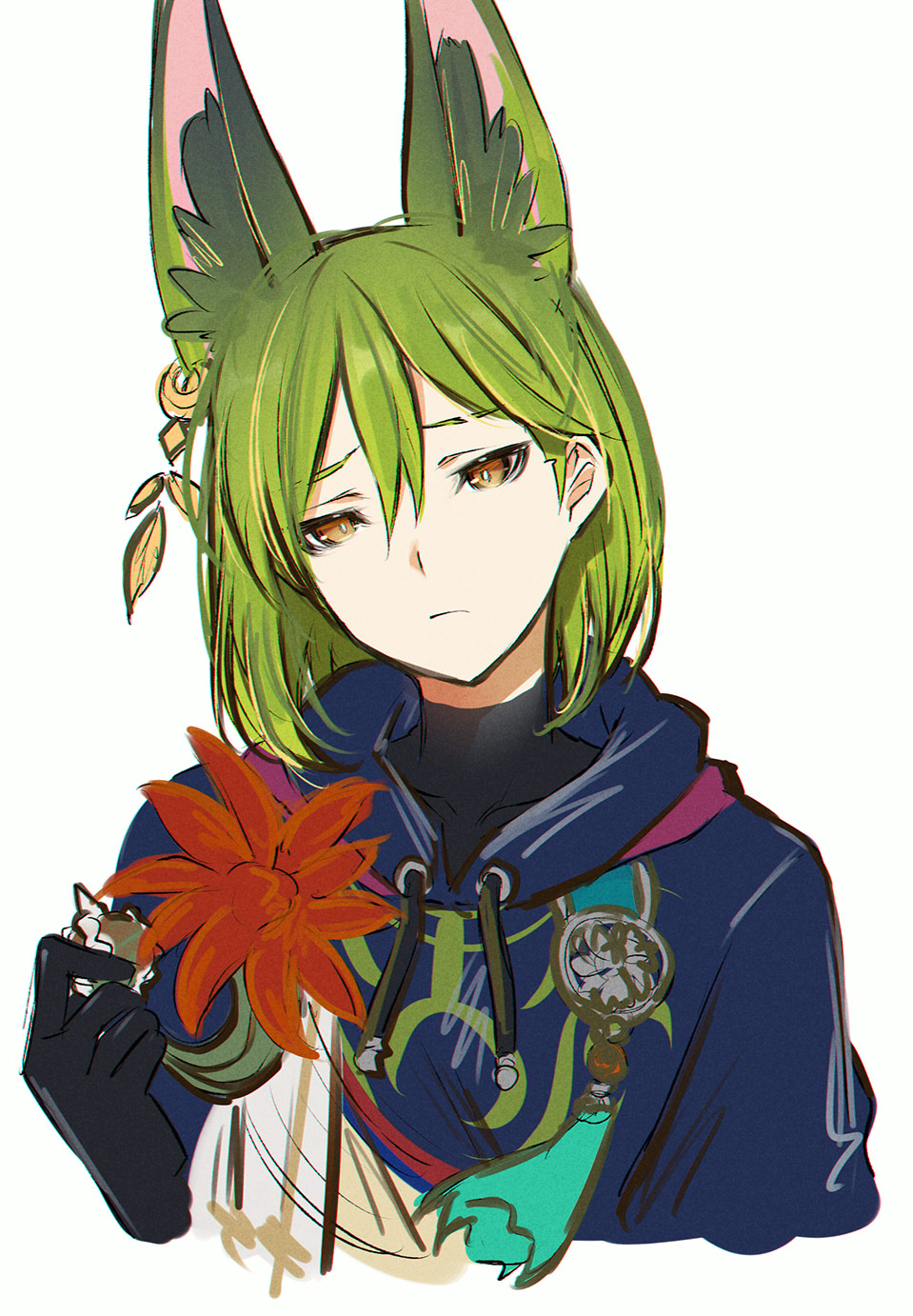 1boy animal_ears black_gloves black_shirt blue_hoodie bright_pupils closed_mouth cosplay cropped_torso dainatsu drawstring earrings fennec_fox flower fox_boy fox_ears gloves green_hair hair_between_eyes head_tilt highres holding hood hoodie jewelry library_of_ruina lobotomy_corporation male_focus medium_hair netzach_(project_moon) orange_flower project_moon shirt simple_background single_earring sketch solo tassel tighnari_(genshin_impact) tighnari_(genshin_impact)_(cosplay) turtleneck white_background white_pupils yellow_eyes