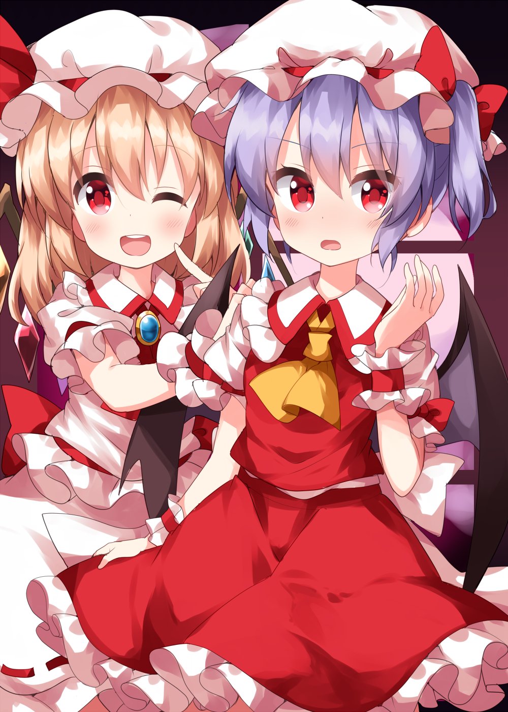 2girls bangs blonde_hair blush cosplay costume_switch eyes_visible_through_hair flandre_scarlet flandre_scarlet_(cosplay) frills hair_between_eyes highres looking_at_viewer multiple_girls one-hour_drawing_challenge one_eye_closed one_side_up open_mouth red_eyes remilia_scarlet remilia_scarlet_(cosplay) ruu_(tksymkw) short_hair smile standing teeth tongue touhou wrist_cuffs