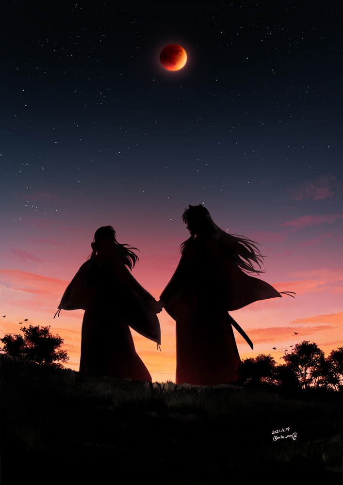 1boy 1girl animal_ears bangs clouds couple crescent_moon dated dog_ears facing_another floating_hair gradient_sky hetero higurashi_kagome hill holding_hands inuyasha inuyasha_(character) japanese_clothes long_hair moon motobi_(mtb_umk) outdoors silhouette sky standing star_(sky) starry_sky sword tree twilight twitter_username weapon wide_sleeves