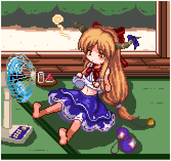 1girl bangs barefoot bow bowtie brown_horns commentary_request electric_fan flat_chest full_body gourd hair_bow horn_bow horn_ornament horns hot ibuki_suika indoors long_hair low-tied_long_hair lowres navel open_mouth orange_eyes orange_hair pixel_art purple_bow purple_skirt red_bow red_bowtie shirt sidelocks skirt sleeveless sleeveless_shirt solo tatami touhou unk_kyouso very_long_hair white_shirt