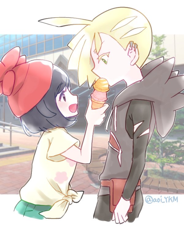 1boy 1girl aoi_(aoi_ykm) black_hair blonde_hair eye_contact floral_print food_in_mouth gladion_(pokemon) green_eyes hood hoodie ice_cream_cone looking_at_another open_mouth pokemon pokemon_(game) pokemon_sm selene_(pokemon) shirt smile standing tied_shirt torn_clothes twitter_username
