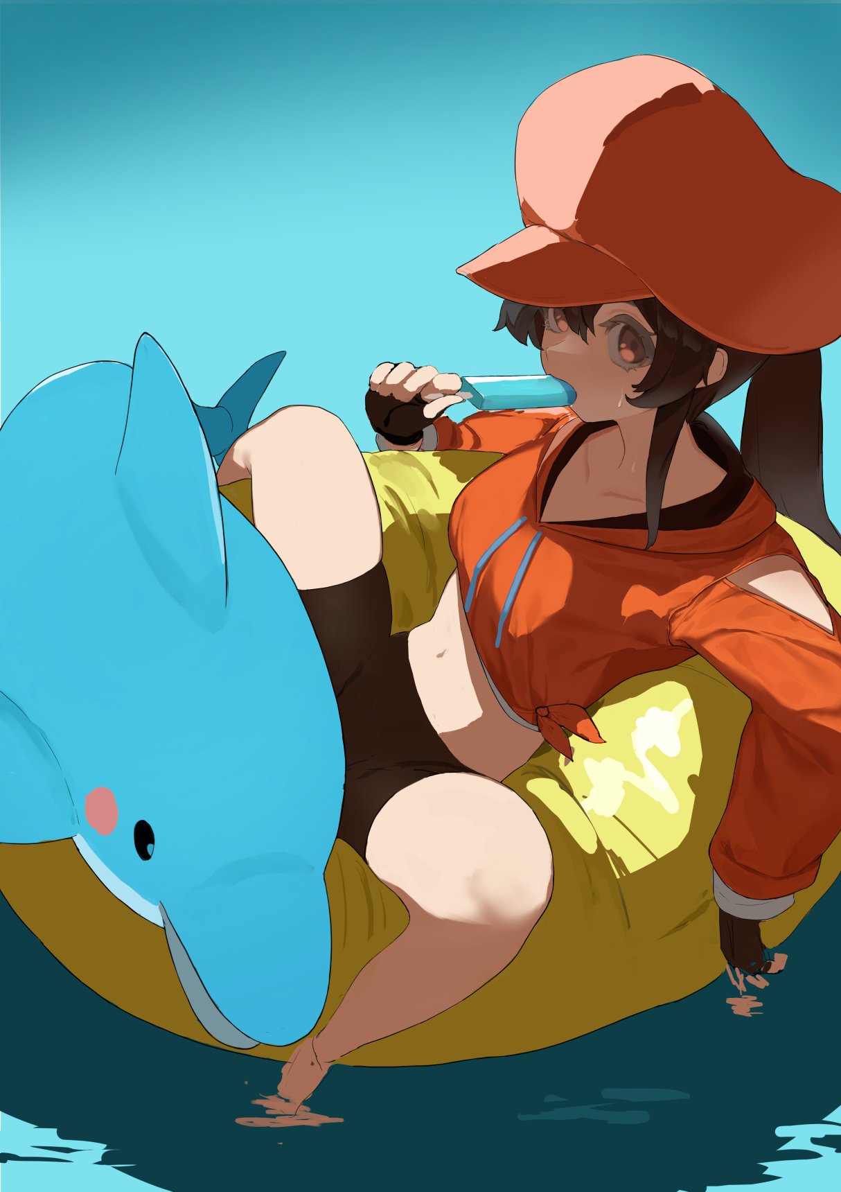 1girl bike_shorts black_gloves black_shorts brown_eyes brown_hair cabbie_hat clothing_cutout collarbone dolphin drawstring fingerless_gloves flasso floating food food_in_mouth gloves guilty_gear guilty_gear_strive hat highres hood hoodie innertube long_hair looking_at_viewer may_(guilty_gear) mr._dolphin_(guilty_gear) navel orange_headwear orange_hoodie ponytail popsicle shorts shoulder_cutout side-tie_shirt soaking_feet solo_focus sweat water