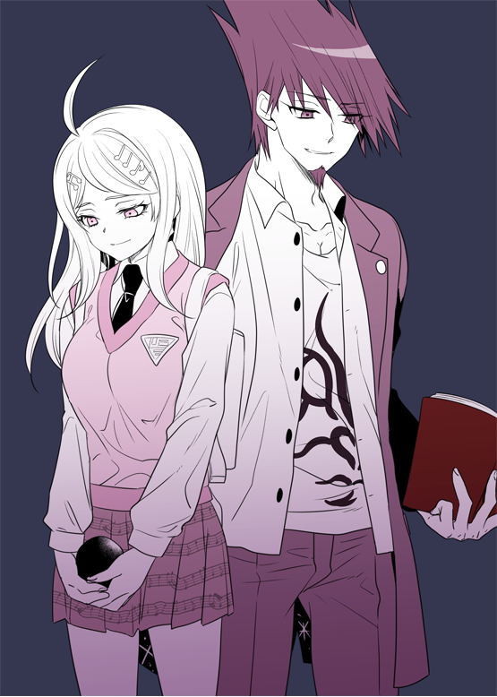 1boy 1girl ahoge akamatsu_kaede backpack bag black_necktie book breasts cowboy_shot danganronpa_(series) danganronpa_v3:_killing_harmony eyes_visible_through_hair facial_hair grey_background grin hair_ornament hair_over_one_eye hairclip holding holding_book jacket limited_palette long_hair long_sleeves looking_down medium_breasts momota_kaito muiko_i musical_note musical_note_hair_ornament necktie open_clothes open_jacket open_shirt pleated_skirt randoseru school_uniform shirt skirt smile soul_patch spiky_hair spot_color staff_(music) standing striped striped_skirt sweater_vest white_shirt