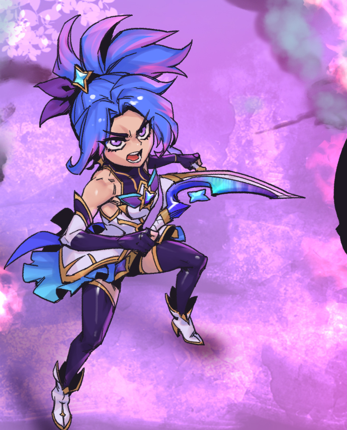 1girl :d akali bangs bare_shoulders black_ribbon black_thighhighs blue_hair elbow_gloves full_body gloves grey_footwear hair_ornament hair_ribbon holding holding_weapon league_of_legends multicolored_hair open_mouth parted_bangs phantom_ix_row pink_background pink_eyes pink_hair ponytail ribbon serious shiny shiny_hair shoes smile solo star_(symbol) star_guardian_akali star_hair_ornament thigh-highs two-tone_hair v-shaped_eyebrows weapon