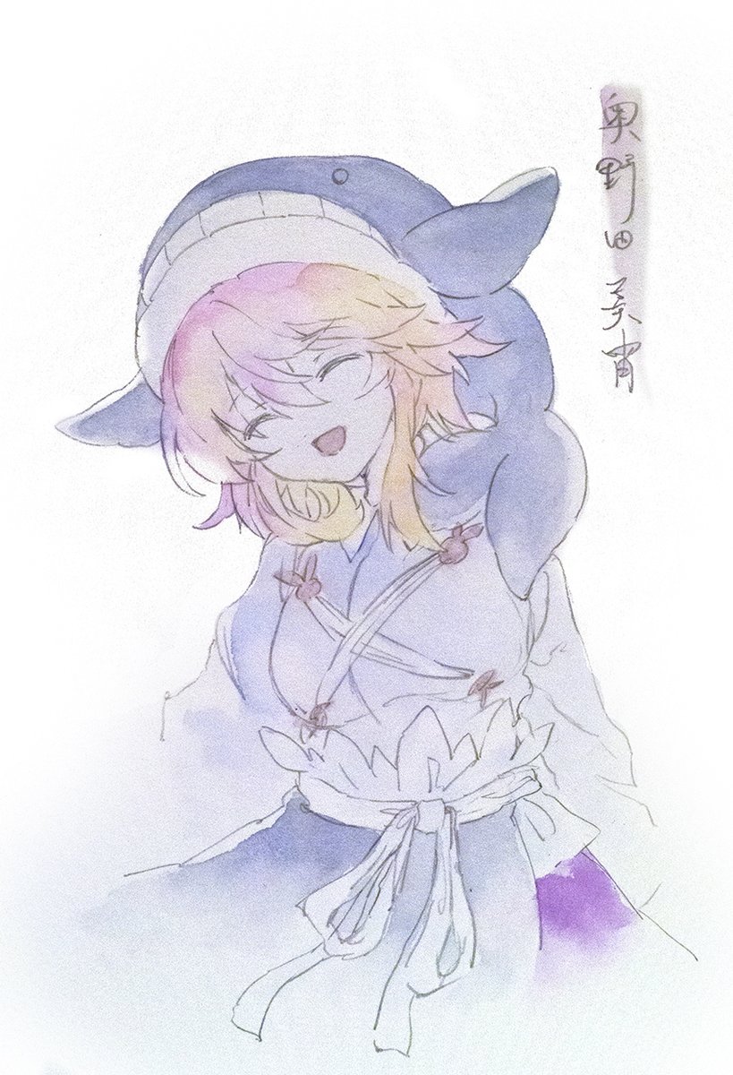 1girl ^_^ ^o^ bangs blue_dress bow breasts closed_eyes dress dress_bow fading hair_between_eyes hat head_tilt highres ikeda_ruriko long_sleeves medium_breasts medium_hair multicolored_hair okunoda_miyoi open_mouth orange_hair painting_(medium) pink_hair solo touhou traditional_media two-tone_hair upper_body watercolor_(medium) whale_hat white_background white_bow