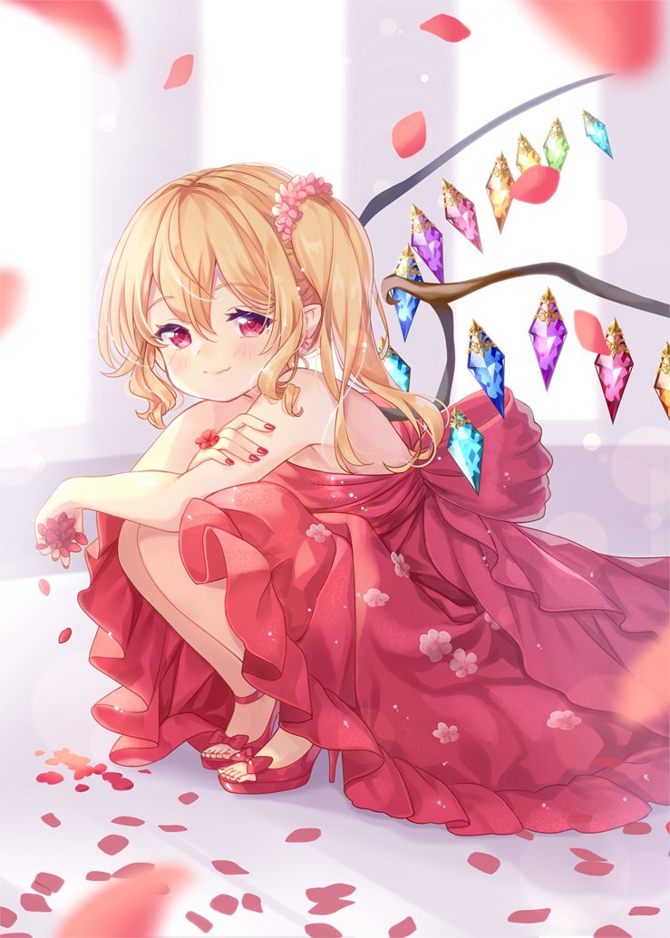 1girl alternate_costume bare_shoulders blonde_hair blush cherry_blossoms crystal dress falling_petals flandre_scarlet flower hair_between_eyes hair_ornament high_heels jewelry light_smile looking_at_viewer mimi_(mimi_puru) nail_polish petals petals_on_liquid red_dress red_eyes red_nails rose_petals solo squatting toenail_polish toenails touhou wings