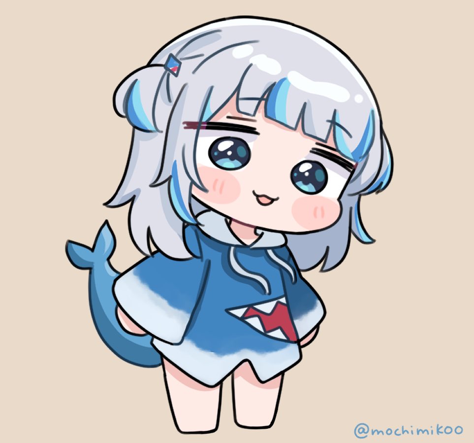 1girl animal_costume bangs blue_eyes blue_hair blue_hoodie blunt_bangs blush chibi fish_tail gawr_gura head_tilt hololive hololive_english hood hoodie long_sleeves looking_at_viewer medium_hair mochimiko multicolored_hair open_mouth puffy_cheeks shark_costume shark_tail smile solo streaked_hair tail two_side_up virtual_youtuber white_hair wide_sleeves