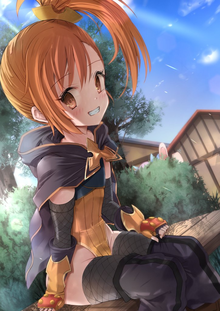 1girl black_cape black_gloves black_thighhighs brown_eyes brown_hair building bush cape clouds elbow_gloves fingerless_gloves fishnet_thighhighs fishnets gloves grin highleg highleg_leotard hood leotard long_hair misogi_(princess_connect!) natsushima_memo orange_leotard outdoors princess_connect! side_ponytail sitting sky smile solo thigh-highs thighs