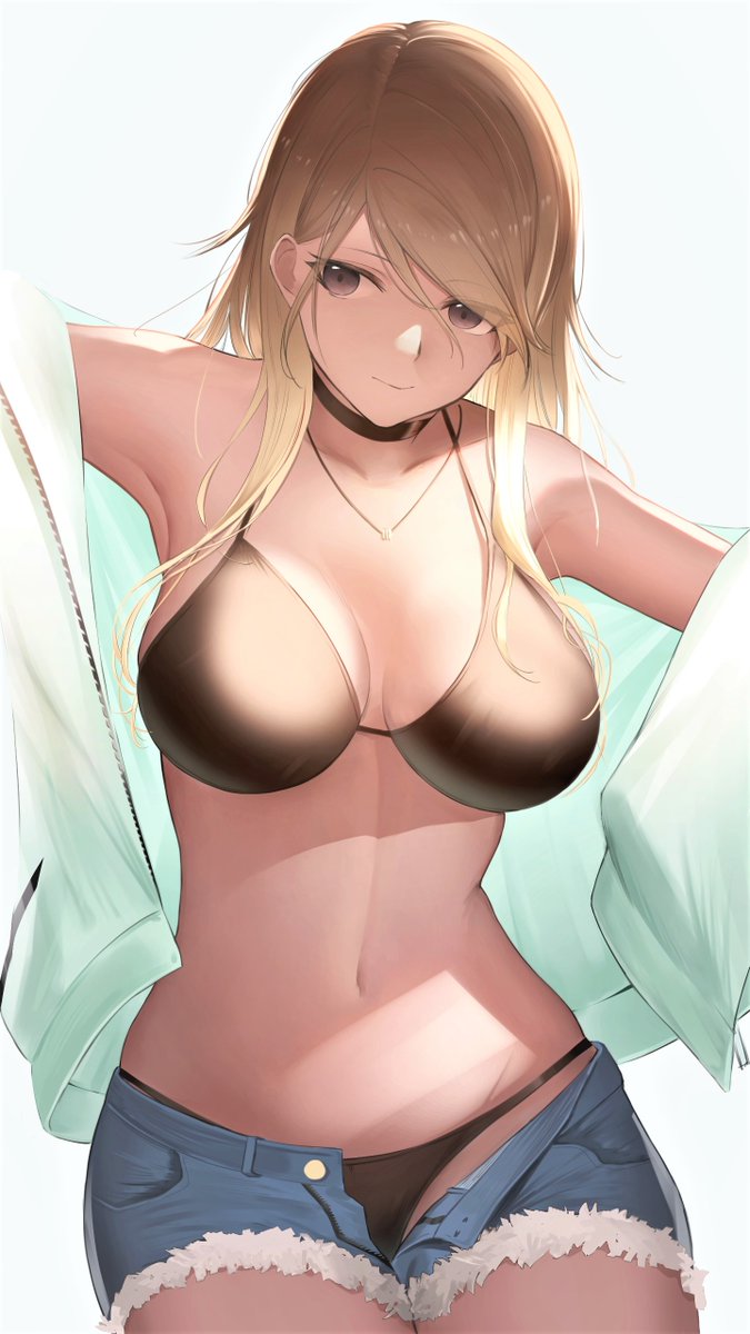 1girl armpits bikini black_eyes blonde_hair breasts brown_hair choker cutoffs denim denim_shorts expressionless eyes_visible_through_hair gradient_hair groin gyaru hair_between_eyes highres idolmaster idolmaster_shiny_colors izumi_mei jacket jewelry large_breasts long_hair multicolored_hair necklace open_clothes open_jacket open_shorts seseri_aoba shorts simple_background solo swimsuit tan white_background