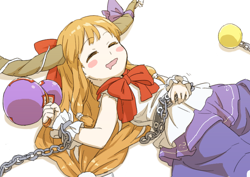 1girl bangs blonde_hair blush bow bowtie brown_horns chain closed_eyes commentary_request cowboy_shot drooling flat_chest gourd hair_bow horn_bow horn_ornament horns ibuki_suika itani_illust long_hair low-tied_long_hair mouth_drool open_mouth orb purple_bow purple_skirt red_bow red_bowtie shirt skirt sleeveless sleeveless_shirt smile solo touhou very_long_hair white_background white_shirt wrist_cuffs
