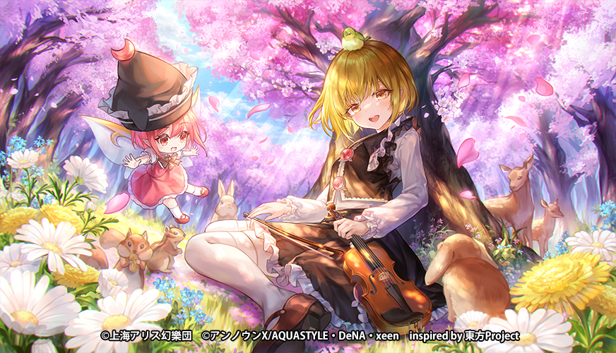 1girl 2girls animal animal_on_head bird bird_on_head black_footwear black_headwear black_skirt black_vest blonde_hair breasts caperata_(towahuyu) cherry_blossoms daiyousei_mob_(touhou) deer fairy_wings flower frilled_skirt frills head_tilt headwear_removed holding holding_instrument instrument long_sleeves looking_at_viewer lunasa_prismriver mary_janes multiple_girls official_art on_head open_mouth outdoors pantyhose petals rabbit red_button shirt shoes short_hair sitting skirt small_breasts squirrel touhou translation_request tree vest violin wariza white_flower white_pantyhose white_shirt wings yellow_eyes yellow_flower