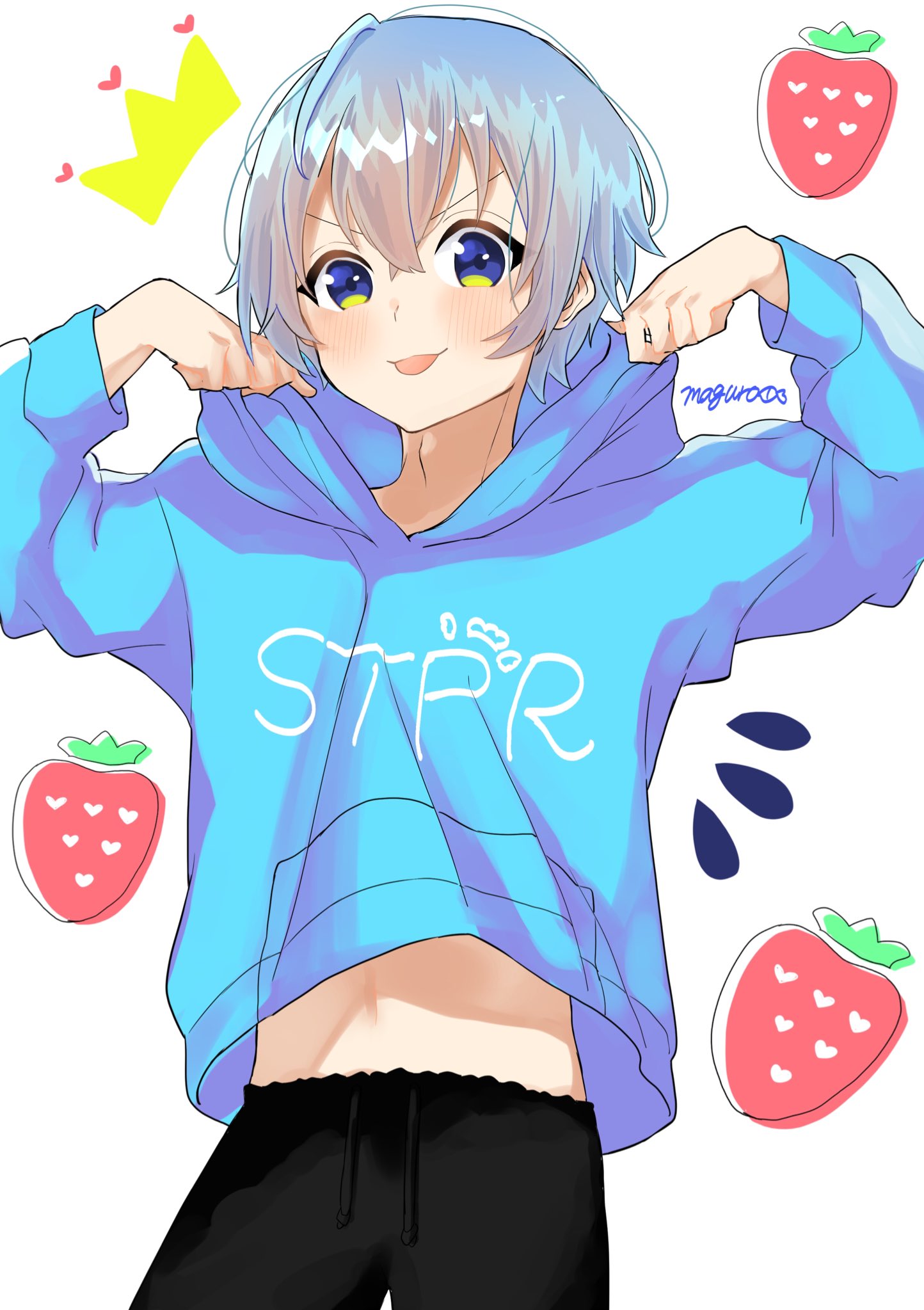 1boy :p artist_name black_pants blue_eyes blue_hair blue_hoodie clothes_lift clothes_writing colon_(stpri) hair_between_eyes highres hood hoodie maguro8345 male_focus multicolored_eyes multicolored_hair navel pants pulled_by_self shirt_lift solo stomach strawberry_prince tongue tongue_out white_background