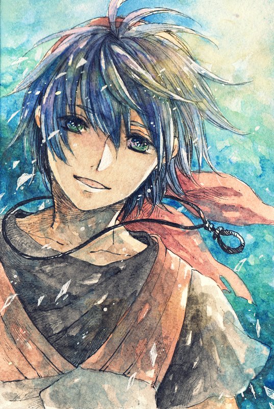 1boy bandana black_shirt blue_background blue_eyes blue_hair broken_glass chrono_cross glass hair_between_eyes jewelry looking_at_viewer male_focus necklace open_mouth painting_(medium) red_bandana serge_(chrono_cross) shirt short_hair short_sleeves smile t-shirt tokio_(okt0w0) traditional_media upper_body vest watercolor_(medium)