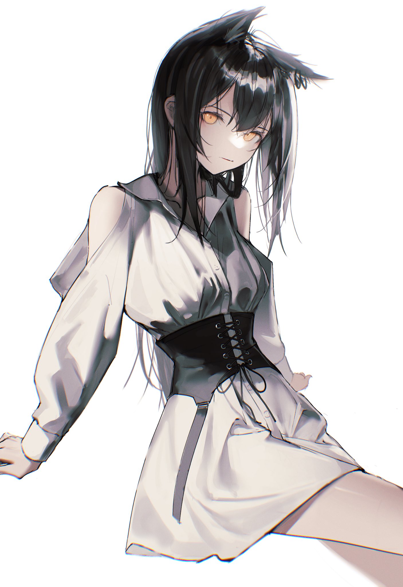 1girl animal_ear_fluff animal_ears arknights bangs bare_legs black_hair closed_mouth corset earrings feet_out_of_frame hair_between_eyes highres jewelry laces long_hair looking_at_viewer shirt sidelocks simple_background solo texas_(arknights) veilrain white_background white_shirt wolf_ears wolf_girl yellow_eyes