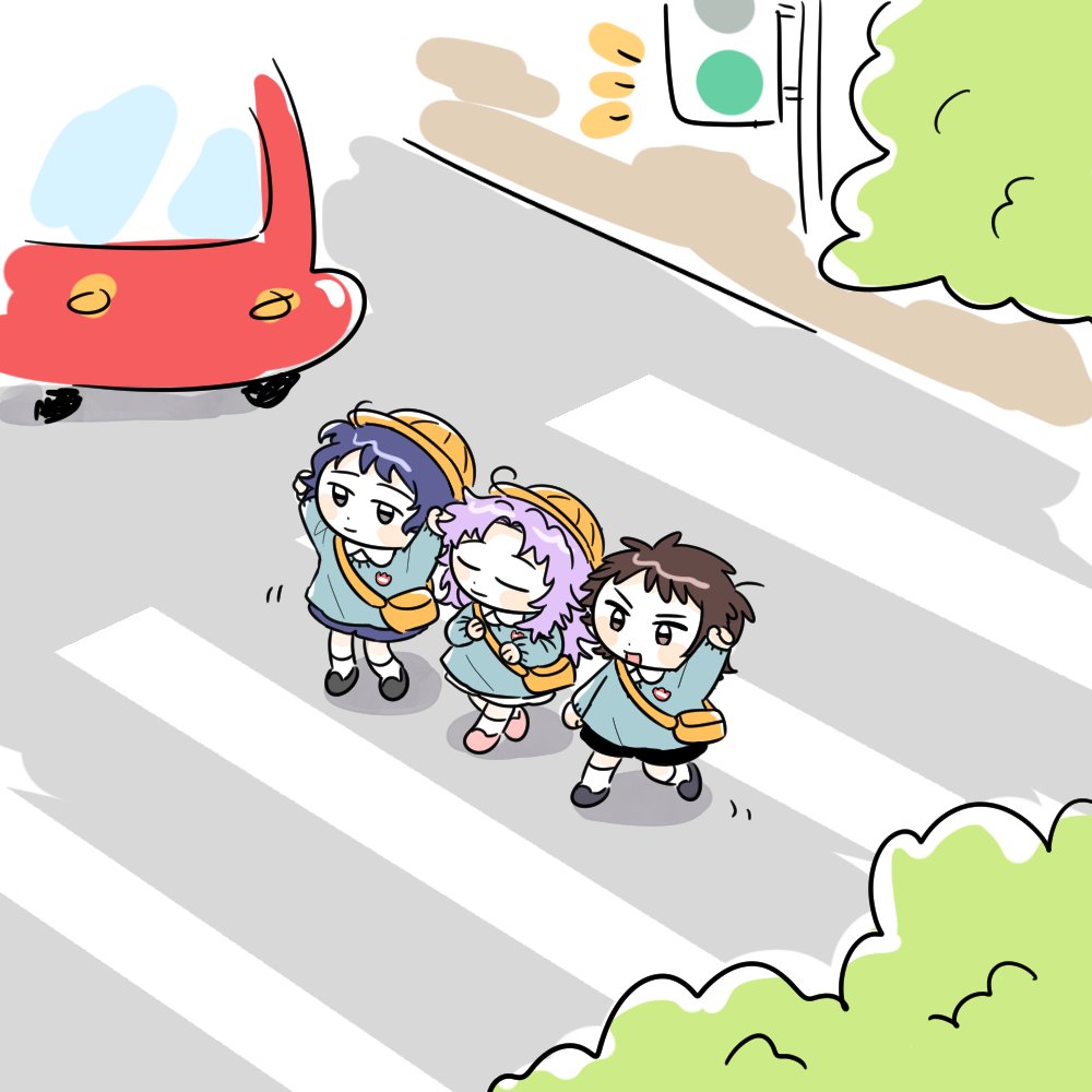 3boys ahoge arm_up arms_up bangs black_footwear black_shorts blue_shorts blue_sweater brown_eyes brown_hair car chibi closed_eyes closed_mouth collared_shirt commentary_request crosswalk dark_blue_hair grey_eyes ground_vehicle harada_minoru hat hatsutori_hajime kindergarten_uniform korean_commentary male_child male_focus motor_vehicle multiple_boys open_mouth outdoors parted_bangs pink_footwear pink_hair saibou_shinkyoku school_hat shirt shoes short_hair shorts smile socks sweater utsugi_noriyuki v-shaped_eyebrows walking white_shirt white_shorts white_socks yellow_bag yellow_headwear yongluki younger