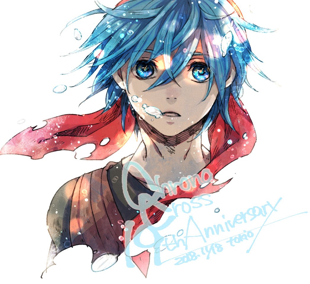 1boy air_bubble artist_name bandana bangs black_shirt blue_eyes blue_hair bubble chrono_cross crossed_bangs dated hair_between_eyes looking_at_viewer male_focus parted_lips red_bandana serge_(chrono_cross) shirt short_hair solo tokio_(okt0w0) upper_body vest white_background