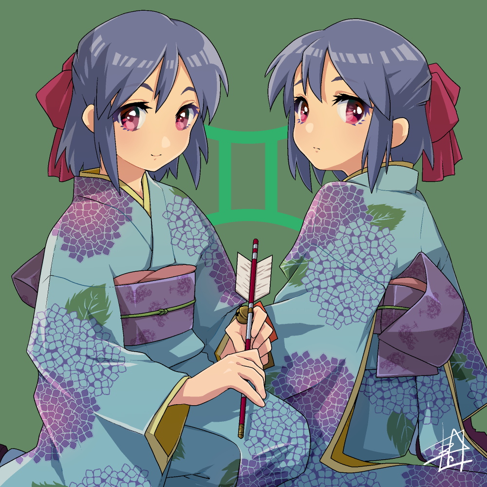 2girls aoiyuya arrow_(projectile) bangs blue_hair blush from_behind frown gemini hair_ribbon holding holding_arrow japanese_clothes kimono looking_at_viewer looking_back looking_to_the_side multiple_girls obi original pink_eyes ribbon sash short_hair signature smile v-shaped_eyebrows zodiac