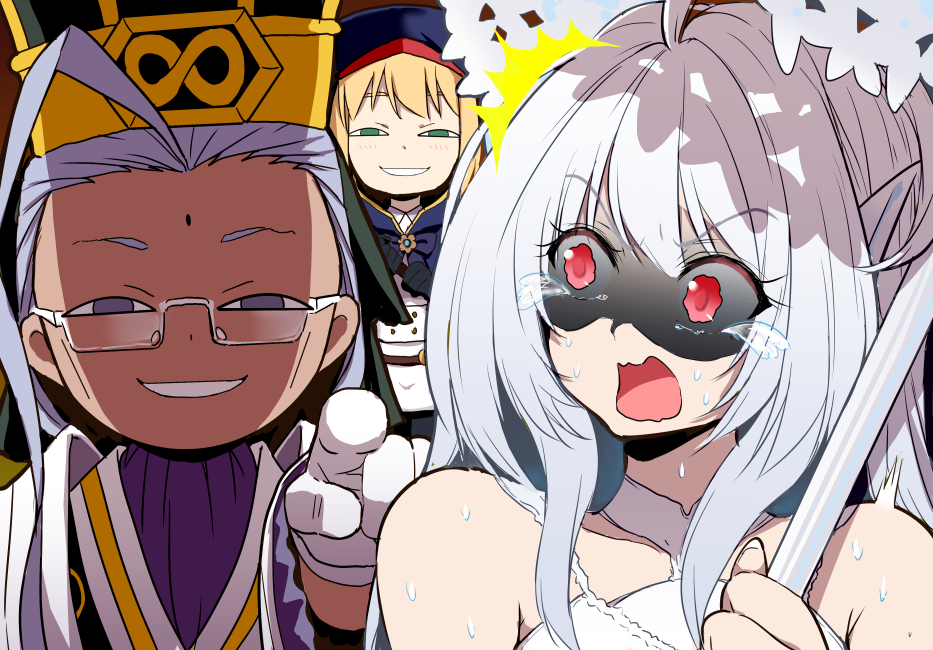1boy 2girls anya's_heh_face_(meme) aqua_eyes artoria_caster_(fate) artoria_pendragon_(fate) bikini blonde_hair chen_gong_(fate) chinese_clothes chinese_hat commentary_request dark-skinned_male dark_skin evil_smile facial_mark false_smile fate/grand_order fate_(series) forehead_mark grey-framed_eyewear holding holding_umbrella i_want_you long_hair makishima_rin meme merlin_(fate/prototype)_(swimsuit_pretender) multiple_girls parasol parody red_eyes scared shaded_face smile smug spy_x_family swimsuit tears umbrella violet_eyes white_bikini white_hair