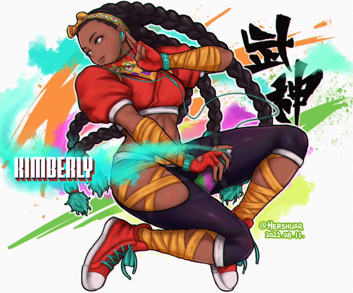 1girl arm_wrap black_hair bow_hairband brown_eyes brown_lips cable character_name colored_tips cropped_jacket dark-skinned_female dark_skin dated earphones earphones english_commentary fingerless_gloves flower forehead gloves graffiti hairband hershuar hip_vent jacket kimberly_(street_fighter) leg_wrap linea_alba listening_to_music long_hair looking_to_the_side lowleg lowleg_pants multicolored_hair navel pants puffy_short_sleeves puffy_sleeves quad_braids red_flower red_gloves red_jacket scarf shoes short_sleeves smartwatch sneakers solo spray_can street_fighter street_fighter_6 thighs toned twitter_username very_dark_skin walkman