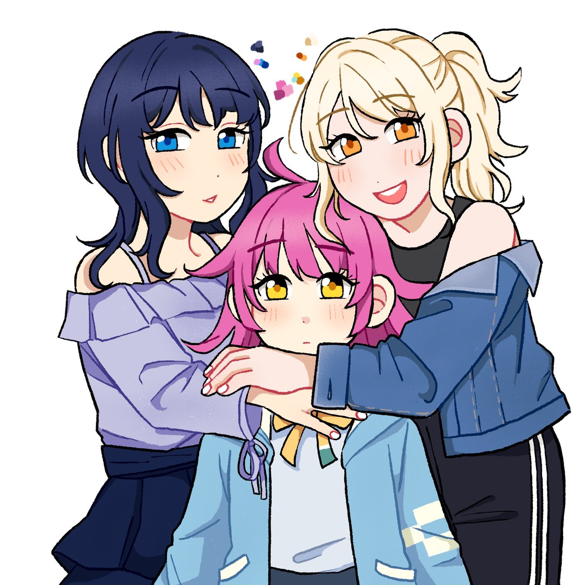 3girls :d :| artist_request asaka_karin black_pants blonde_hair blue_eyes blue_hair blue_hoodie blue_jacket closed_mouth dark_blue_hair expressionless fingernails flipped_hair highres hood hoodie hug jacket looking_at_viewer love_live! love_live!_nijigasaki_high_school_idol_club medium_hair miyashita_ai multiple_girls non-web_source off-shoulder_shirt off_shoulder open_clothes open_hoodie orange_eyes pants parted_lips pink_hair ponytail purple_shirt round_teeth shirt simple_background smile teeth tennouji_rina upper_teeth white_background yellow_eyes