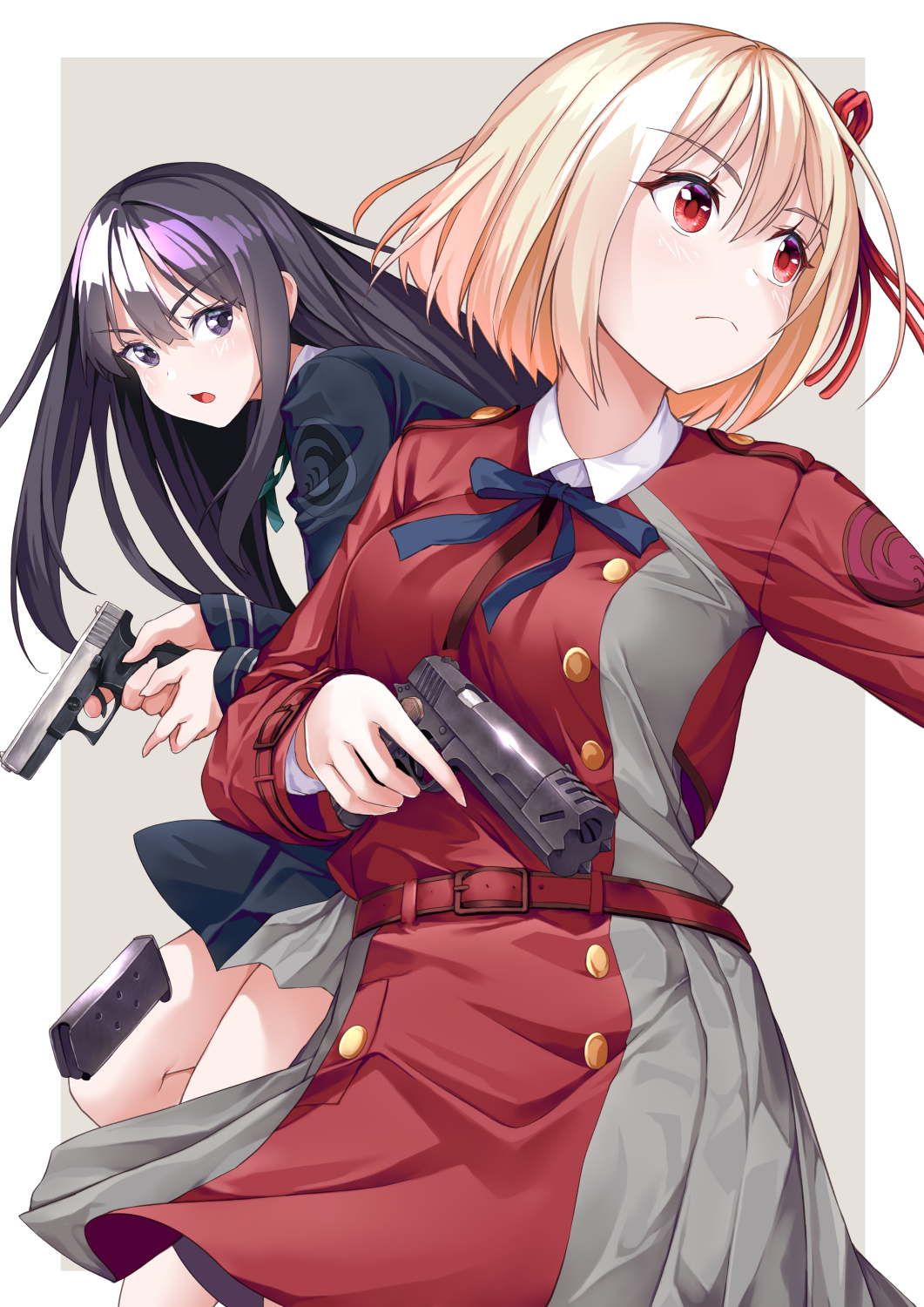 2girls ayase_tamaki belt black_hair blonde_hair blue_dress blue_ribbon border breasts closed_mouth dress finger_on_trigger floating_hair green_ribbon grey_dress gun handgun highres holding holding_gun holding_weapon inoue_takina long_hair long_sleeves lycoris_recoil lycoris_uniform magazine_(weapon) multiple_girls neck_ribbon nishikigi_chisato open_mouth red_belt red_dress red_eyes red_ribbon ribbon short_hair trigger_discipline two-tone_dress uniform v-shaped_eyebrows violet_eyes weapon white_border wing_collar