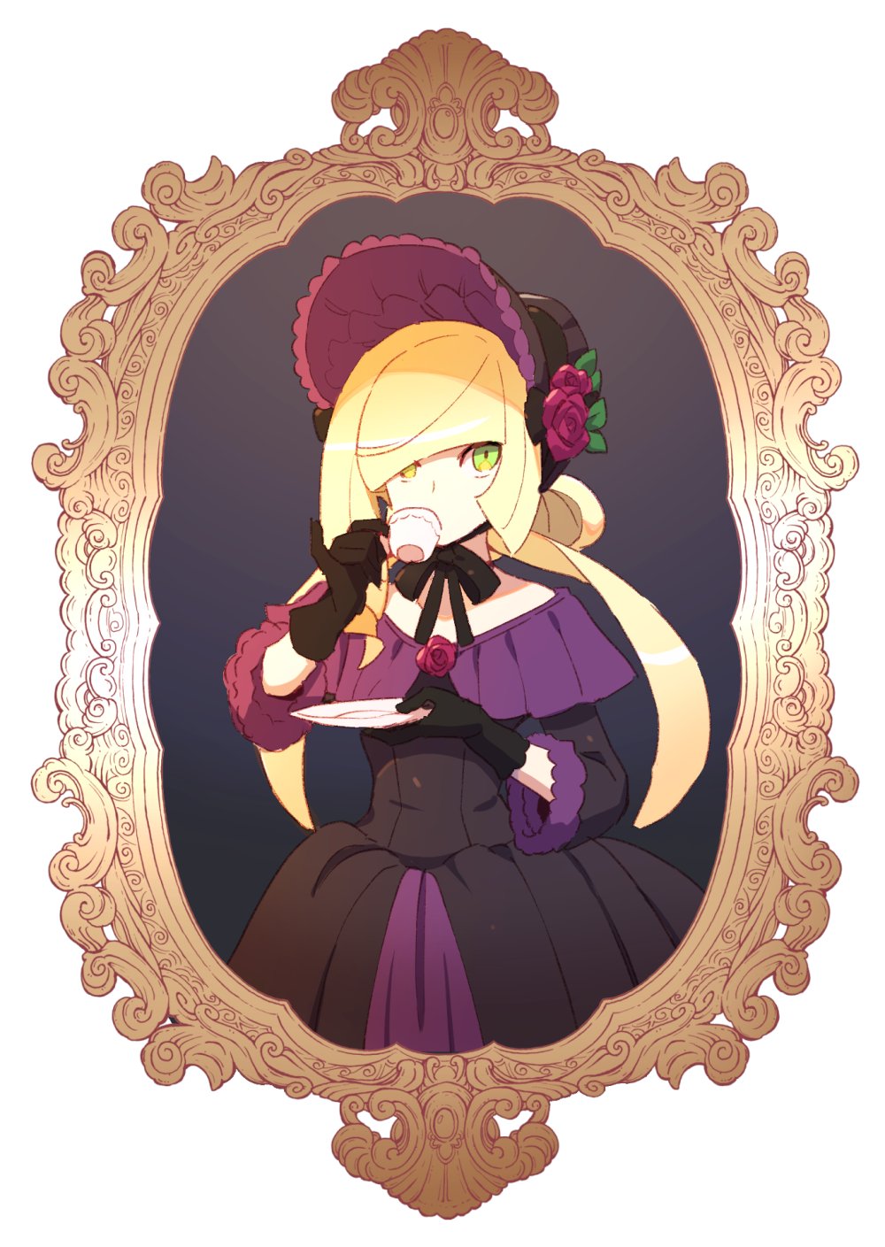 1girl alternate_costume alternate_hairstyle black_dress black_gloves blonde_hair cup dede_(qwea_00000) dress drinking flower gloves green_eyes hat highres holding holding_plate lusamine_(pokemon) neck_ribbon plate pokemon pokemon_(game) pokemon_sm portrait_(object) protected_link ribbon rose solo teacup