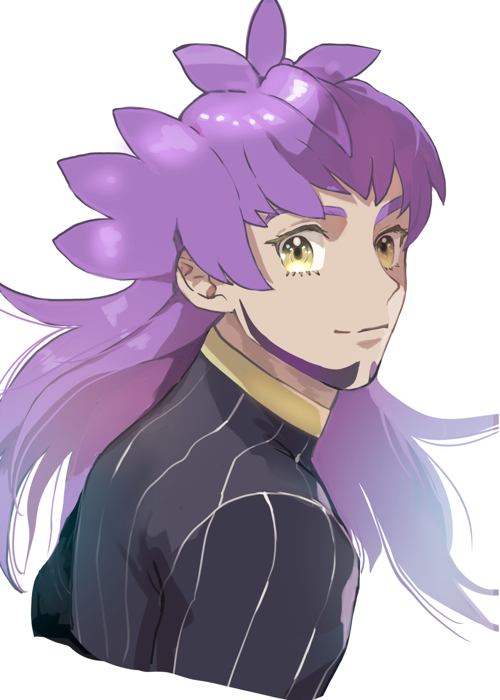 1boy black_shirt bpkmnd_9999 champion_uniform closed_mouth commentary_request dark-skinned_male dark_skin facial_hair highres leon_(pokemon) long_hair male_focus pokemon pokemon_(game) pokemon_swsh purple_hair shirt smile solo split_mouth upper_body white_background yellow_eyes