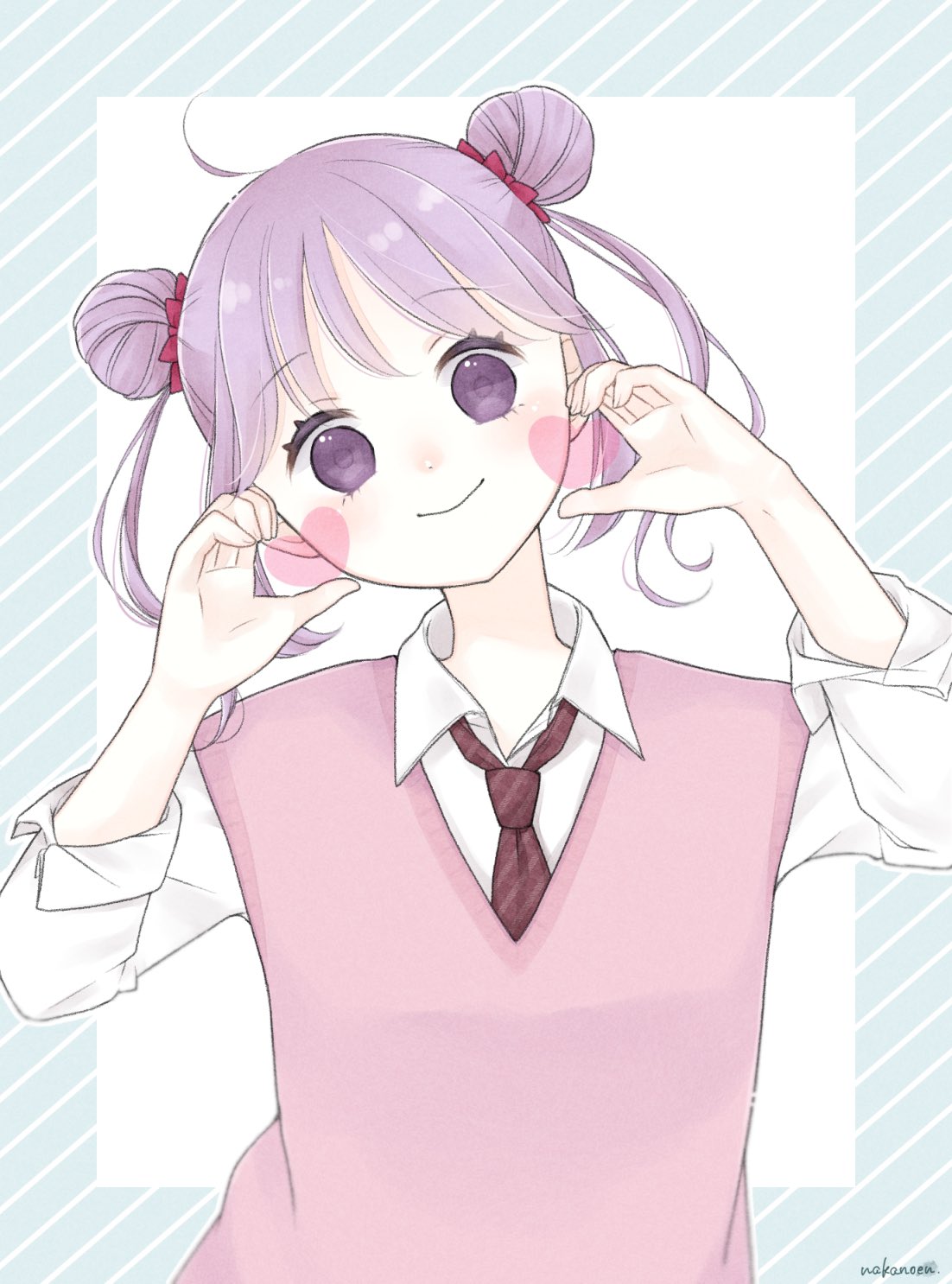 1girl bangs blush bow collared_shirt double_bun go-on hair_bow hair_bun hands_up head_tilt heart heart_hands heart_hands_duo highres looking_at_viewer medium_hair necktie original purple_hair school_uniform shirt sleeves_rolled_up smile solo striped_necktie sweater_vest violet_eyes