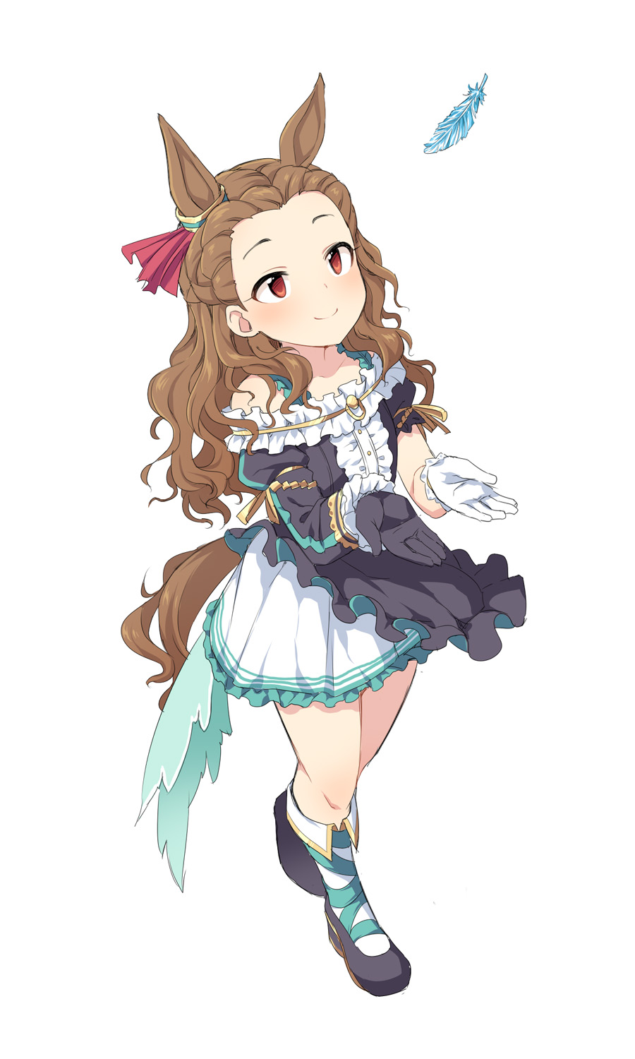 animal_ears asymmetrical_gloves asymmetrical_sleeves black_dress boots commentary_request cosplay_request dress extra_ears feathers forehead frilled_dress frilled_skirt frills full_body hair_ornament hands_up highres horse_ears horse_girl horse_tail idolmaster idolmaster_cinderella_girls legs light_blush long_hair looking_up red_eyes seki_hiromi skirt smile tail thighs uccow umamusume uneven_sleeves wavy_hair white_background white_skirt