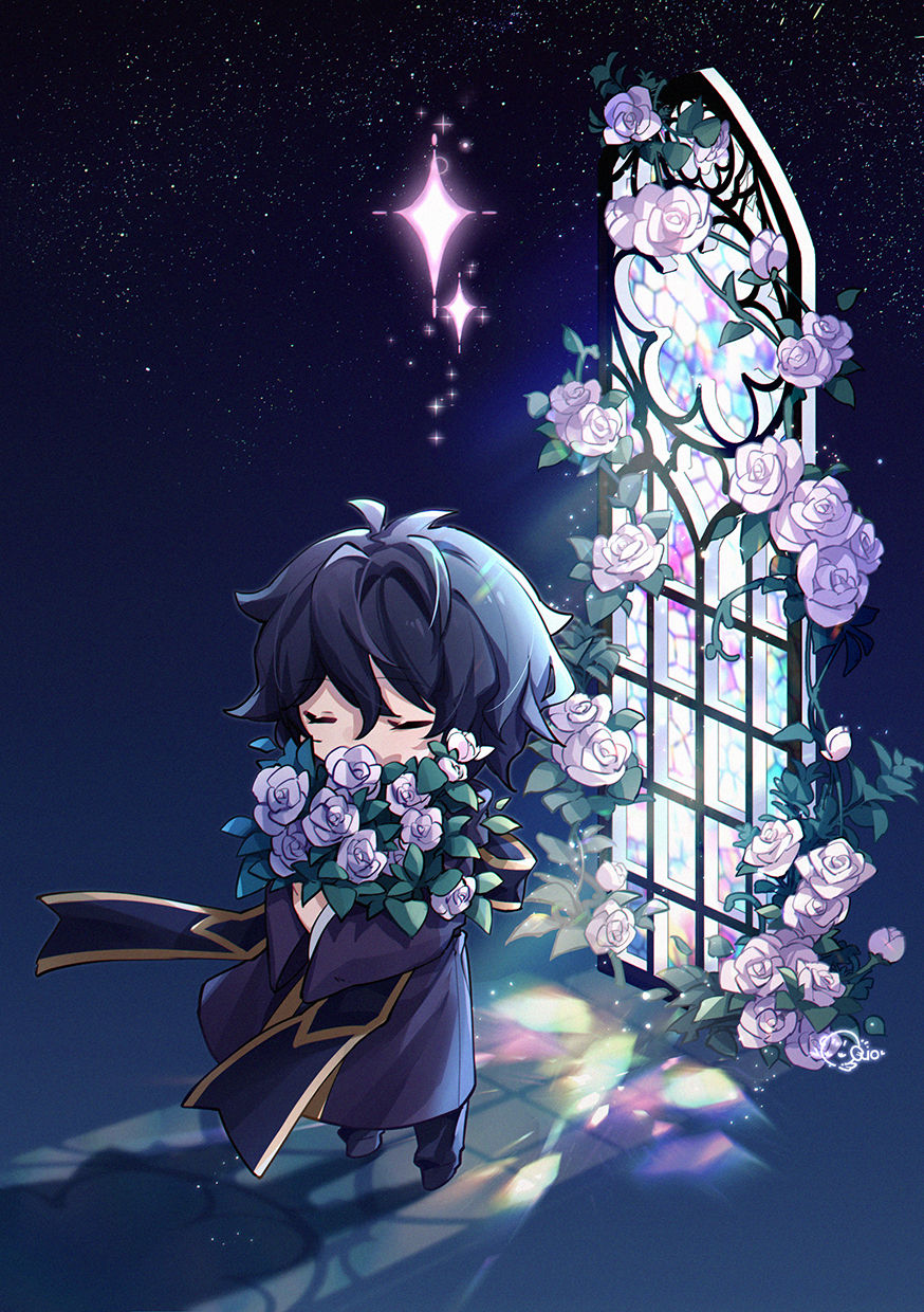 1boy black_pants bouquet chibi closed_eyes commentary dark_blue_hair film_grain flower fy_fei_xiao_ya highres holding holding_bouquet long_sleeves male_focus night night_sky pants purple_robe robe rose saibou_shinkyoku short_hair sky solo sparkle stained_glass standing star_(symbol) stole utsugi_noriyuki white_flower white_rose wide_sleeves