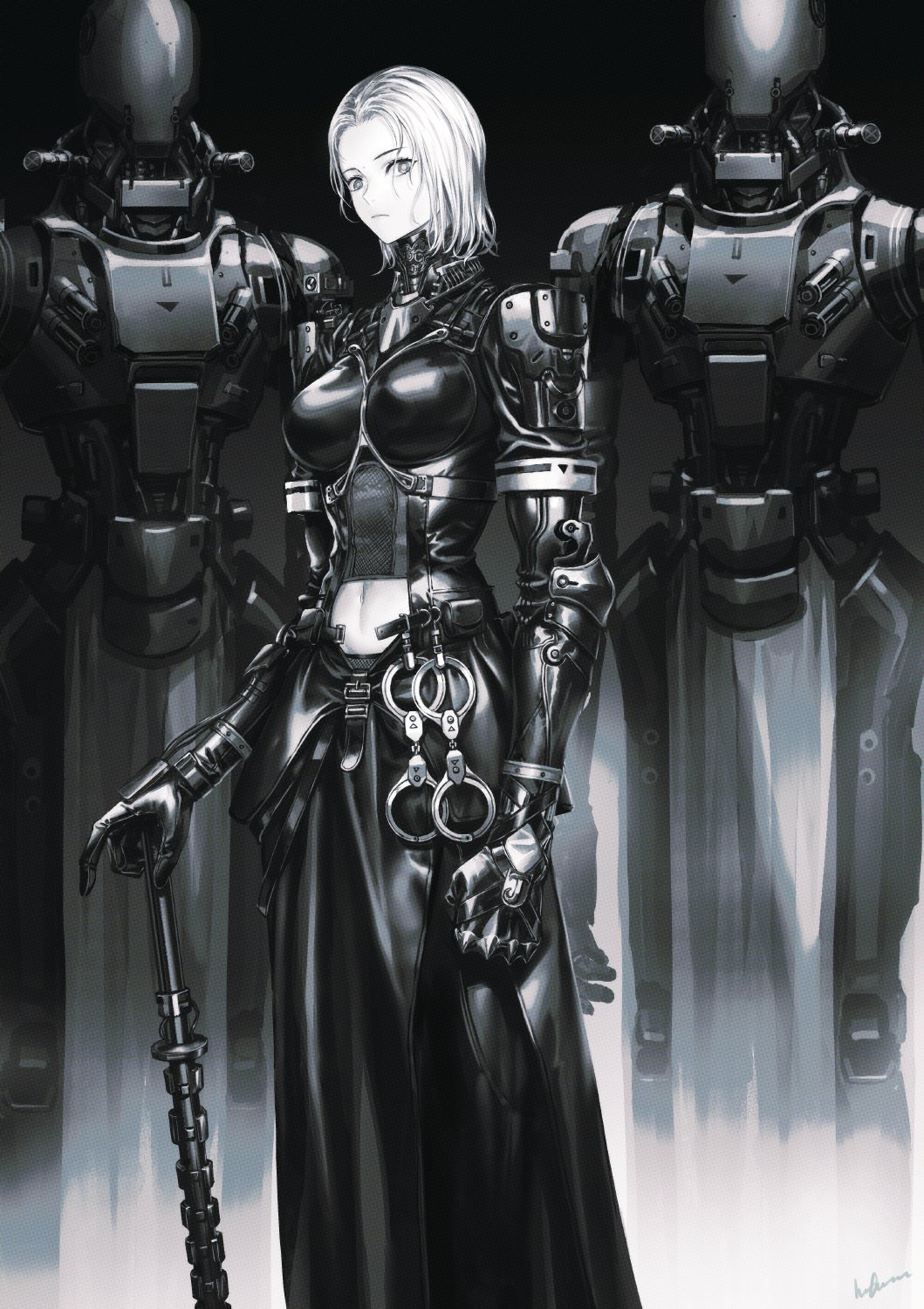 1girl 2others armor belt belt_buckle black_bodysuit bodysuit breasts buckle clothing_cutout cuffs grey_eyes hand_on_hilt handcuffs highres infukun large_breasts leather looking_at_viewer multiple_others navel navel_cutout original pale_skin pelvic_curtain science_fiction shiny shiny_clothes shoulder_armor signature standing white_hair