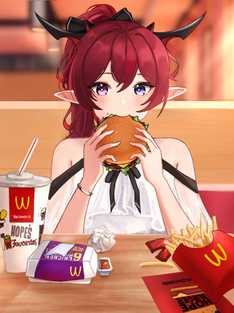 1girl bangs bare_shoulders blue_eyes blush bracelet brand_name_imitation burger cloud_etoile cup disposable_cup dress eating food french_fries hair_between_eyes hair_ribbon heterochromia holding holding_food hololive hololive_english horns irys_(hololive) jewelry long_hair looking_at_viewer mcdonald's off-shoulder_dress off_shoulder pointy_ears ponytail pov_across_table pov_dating redhead ribbon sauce sitting solo table upper_body violet_eyes virtual_youtuber wcdonalds