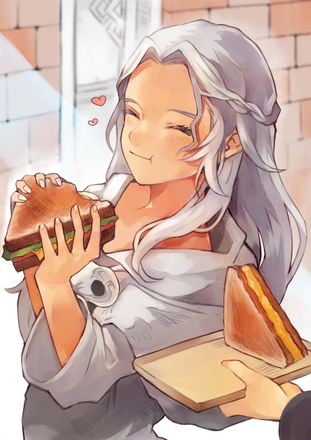 1girl :t ^_^ braid brick_wall chewing closed_eyes eating final_fantasy final_fantasy_xiv food from_side giving grey_hair grey_robe half_updo hands_up heart highres holding holding_food holding_tray hood hood_down hooded_robe hotaro_(bread_fusa) light_rays long_hair mask mask_around_neck mask_removed out_of_frame robe sandwich single_braid smile solo_focus standing sunbeam sunlight tray upper_body venat_(ff14) window