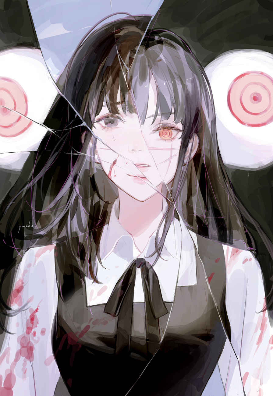 1girl artist_name bangs black_eyes black_hair blood blood_on_clothes blood_on_face chainsaw_man collared_shirt crack cracked_glass dual_persona highres long_hair looking_at_viewer mitaka_asa neck_ribbon parted_lips portrait red_eyes ribbon ringed_eyes scar scar_on_cheek scar_on_face school_uniform shirt signature smile split_theme straight-on sweatdrop war_devil_(chainsaw_man) white_shirt yueko_(jiayue_wu)