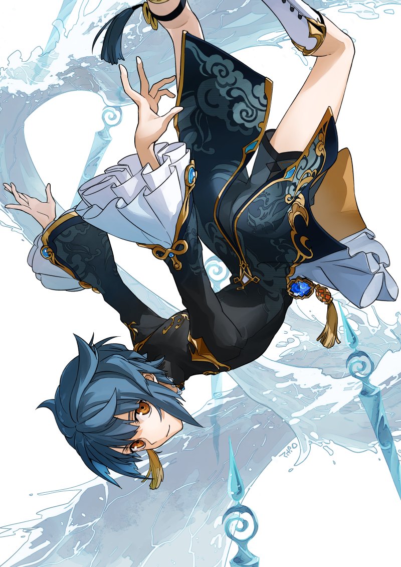 1boy apollo_hotori asymmetrical_bangs bangs blue_hair blue_shorts commentary_request earrings frilled_shirt_collar frilled_sleeves frills from_side genshin_impact jewelry long_coat long_sleeves looking_at_viewer male_focus shorts single_earring smile tassel tassel_earrings upside-down v vision_(genshin_impact) water white_background xingqiu_(genshin_impact) yellow_eyes