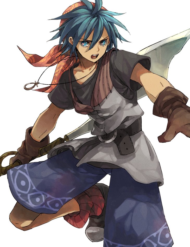 1boy armor bandana belt black_shirt blue_eyes blue_hair blue_shorts boots brown_gloves chainmail chrono_cross fighting_stance foot_out_of_frame gloves hair_between_eyes holding holding_weapon jewelry looking_to_the_side male_focus necklace open_mouth outstretched_arm red_bandana red_socks serge_(chrono_cross) shirt short_hair short_sleeves shorts shouting socks solo steel-toe_boots t-shirt teeth tokio_(okt0w0) upper_teeth weapon white_background