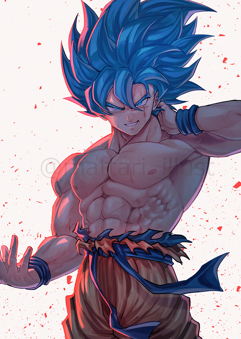 1boy abs arm_up biceps blue_eyes blue_hair blue_wristband commentary_request dragon_ball dragon_ball_super hair_between_eyes looking_at_viewer male_focus mattari_illust muscular muscular_male nipples sash scar serious simple_background smile smug solo son_goku spiky_hair super_saiyan super_saiyan_blue topless_male torn_clothes twitter_username white_background