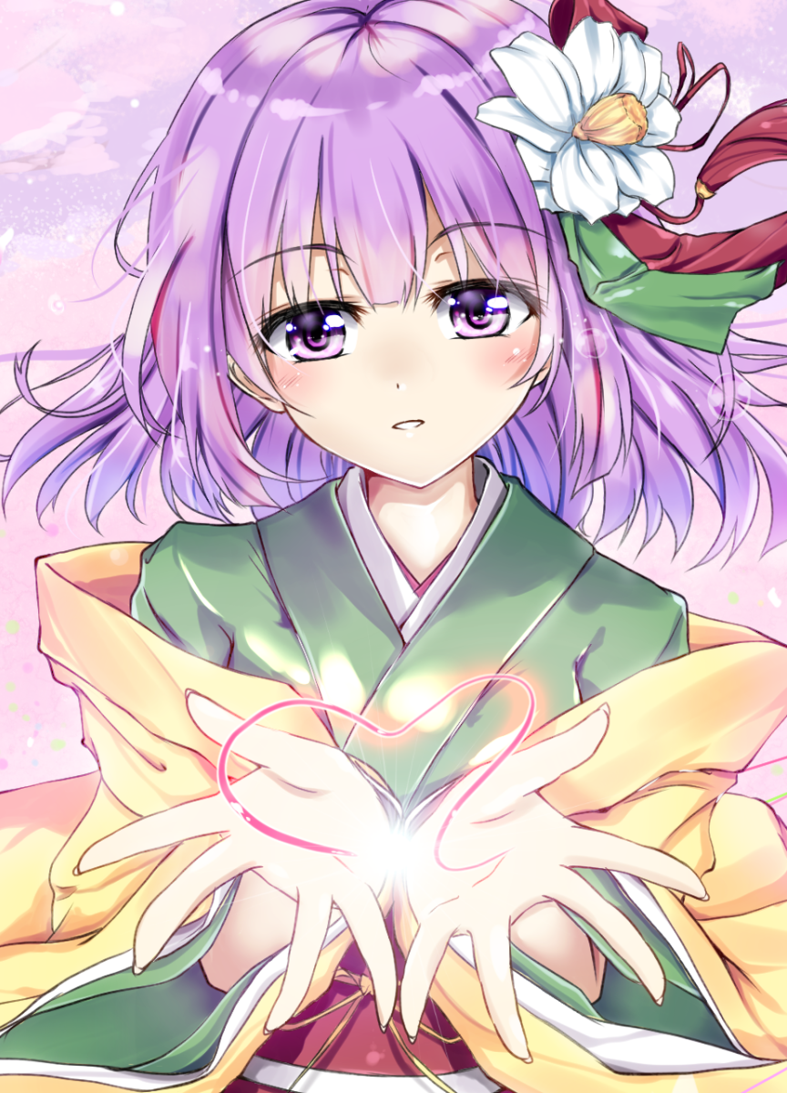 1girl blush commentary_request flower fule green_kimono hair_flower hair_ornament head_tilt heart hieda_no_akyuu highres japanese_clothes kimono layered_clothes layered_kimono long_sleeves medium_hair obi outstretched_hand parted_lips purple_hair red_sash red_skirt sash skirt touhou upper_body violet_eyes white_flower wide_sleeves yellow_kimono